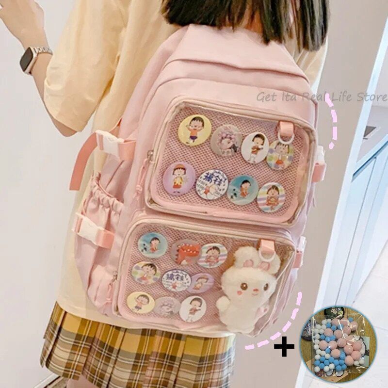 Girls Large School Pink Backpack Two Clear Pockets Display Women Big Bag