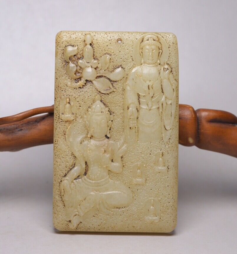 Chinese Old Natural Hetian Jade Carved Kuan Yin Buddha Statue Lucky Jade Pendant
