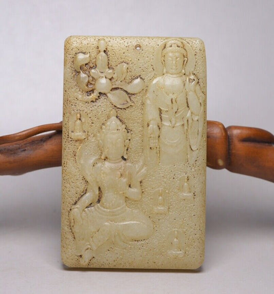 Chinese Old Natural Hetian Jade Carved Kuan Yin Buddha Statue Lucky Jade Pendant