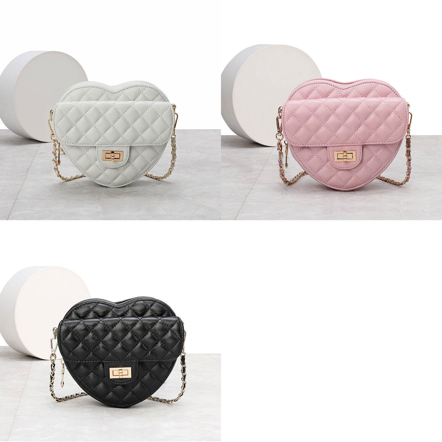 Small Mini Quilted Sheepskin Leather Heart Bag Clutch Shoulder Purse w/ Chain