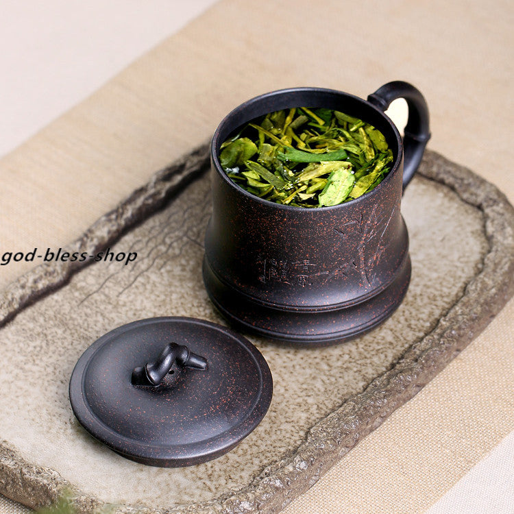 Real Authentic Yixing Zisha Purple Tea Cup Bamboo Carved Office Cup 380ml Mug