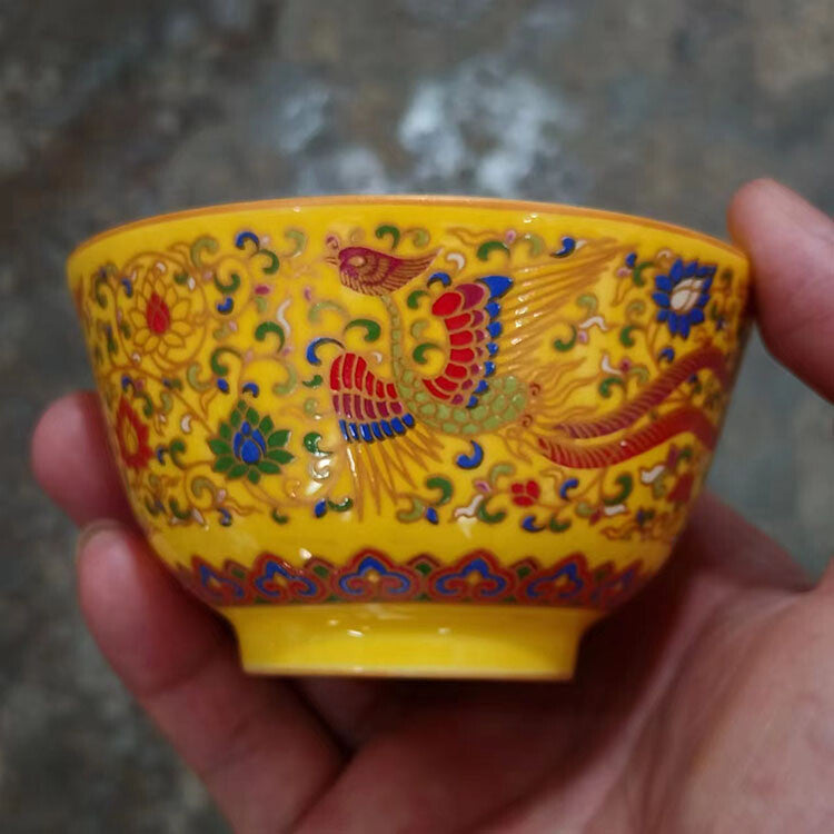 3.3" Collect Antique Chinese Ming Porcelain Yellow Glaze Phoenix Cup