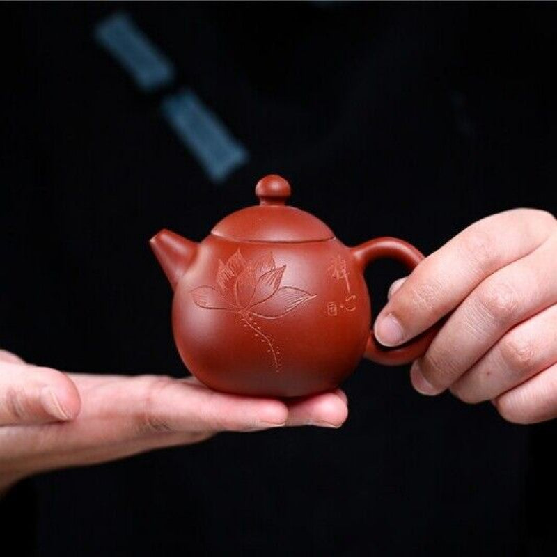110ml Yixing Zisha Dahongpao Clay Tea Pot Floral Carved Dragon Egg Shape Marked