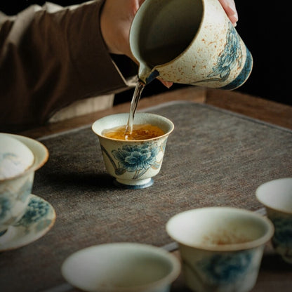 Handpainted Gaiwan Teacup Pitcher Ceramic Peony Print Master Cup Tureen Fair Cup