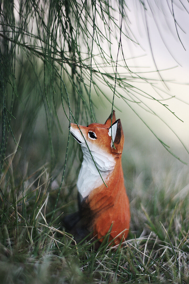 Red Fox Handmade Wood Carving Solid Wood Fox Sculpture Creative Ornament