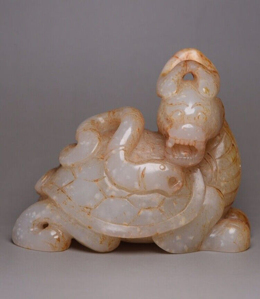 Collectible Chinese Hetian Jade Carved Dragon Turtle Statue Exquisite Figurines