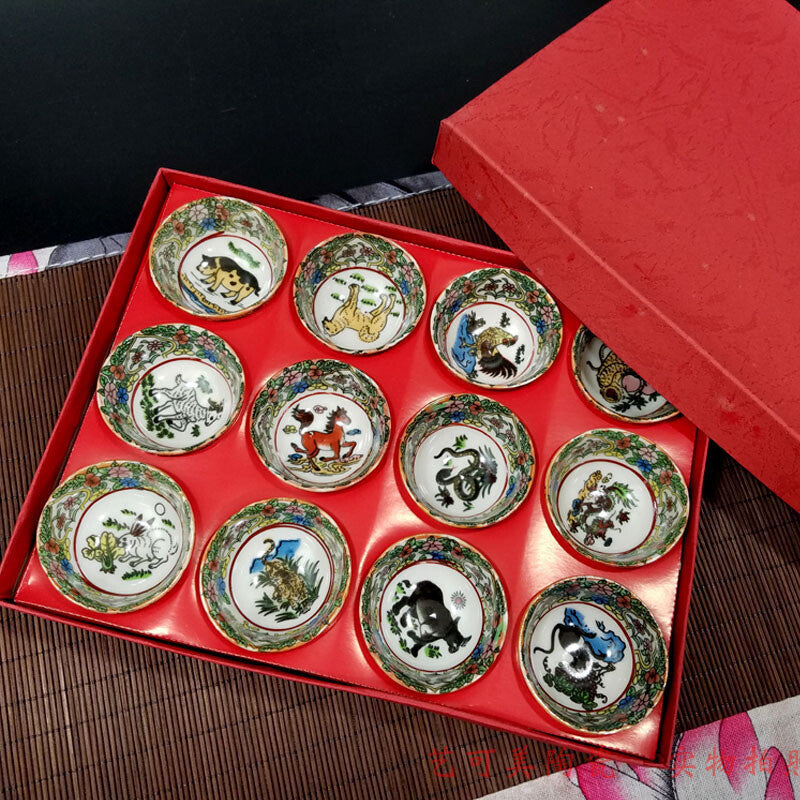12pcs/set 5cm China Jingdezhen Antique Porcelain Zodiac Animal Pattern Teacup