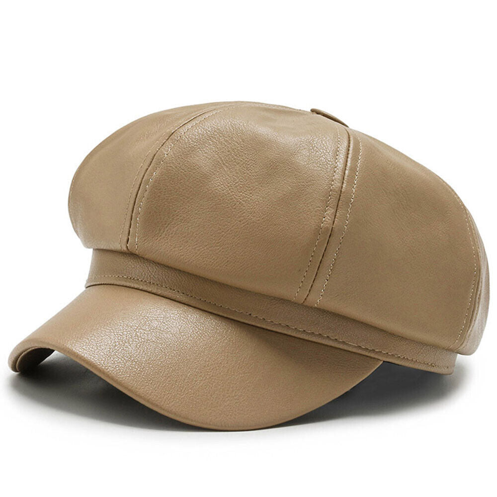 Womens Octagonal Cap PU Leather Cap Duck Tongue Cap Beret Fashion Winter Hat