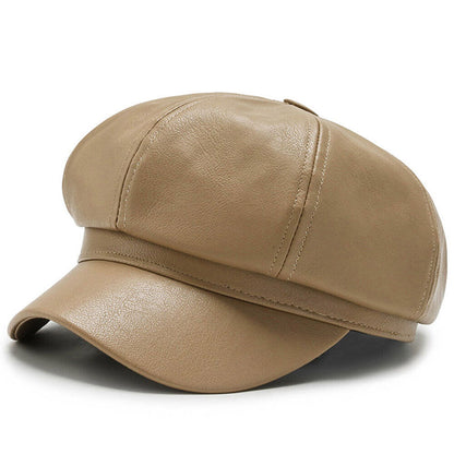 Womens Octagonal Cap PU Leather Cap Duck Tongue Cap Beret Fashion Winter Hat