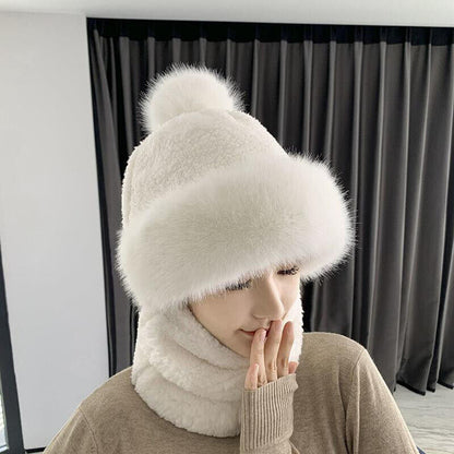 Women Warm Plush Velvet Hats Hooded Thick Scarf Caps Neck Warmer Pullovers Hat