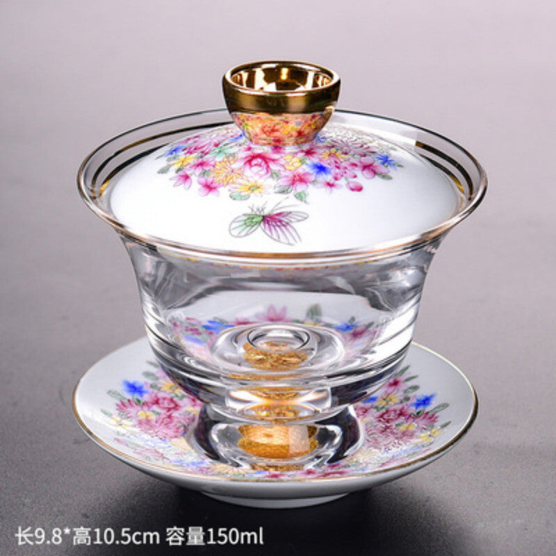 Tea Bowl Thickened Glass Tureen Tea Cover Bowl Lid Sancai Gaiwan Hand Painted