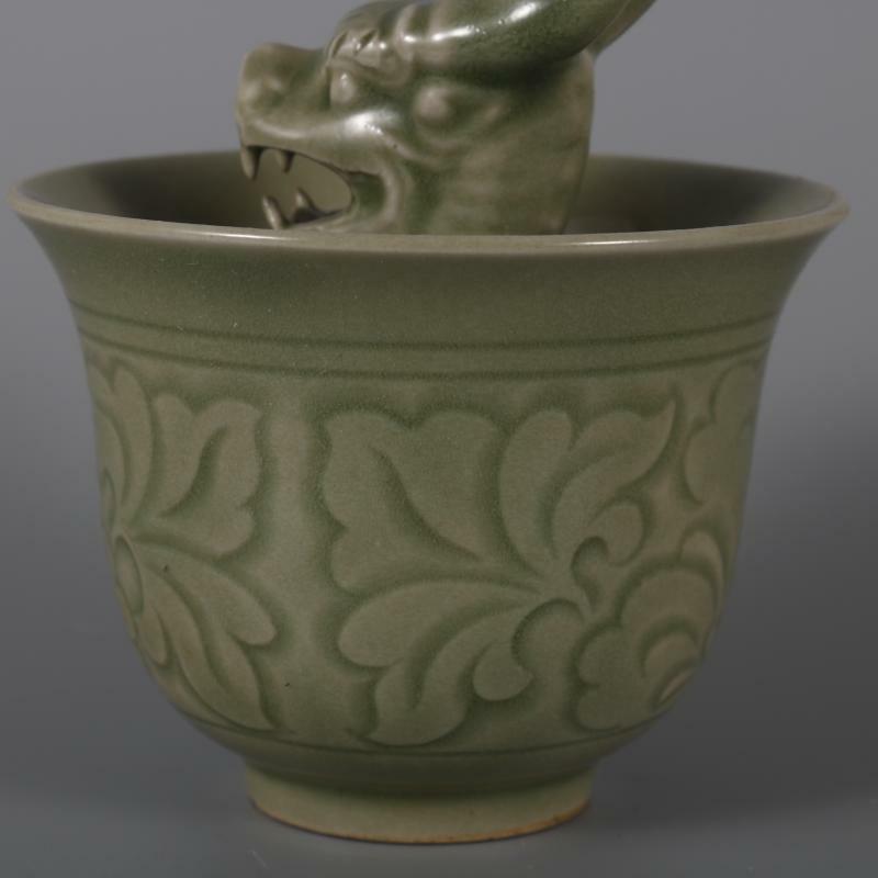 3.26 inch Chinese Song Celadon Porcelain Carved Flowers Dragon Shape Teacup Cup