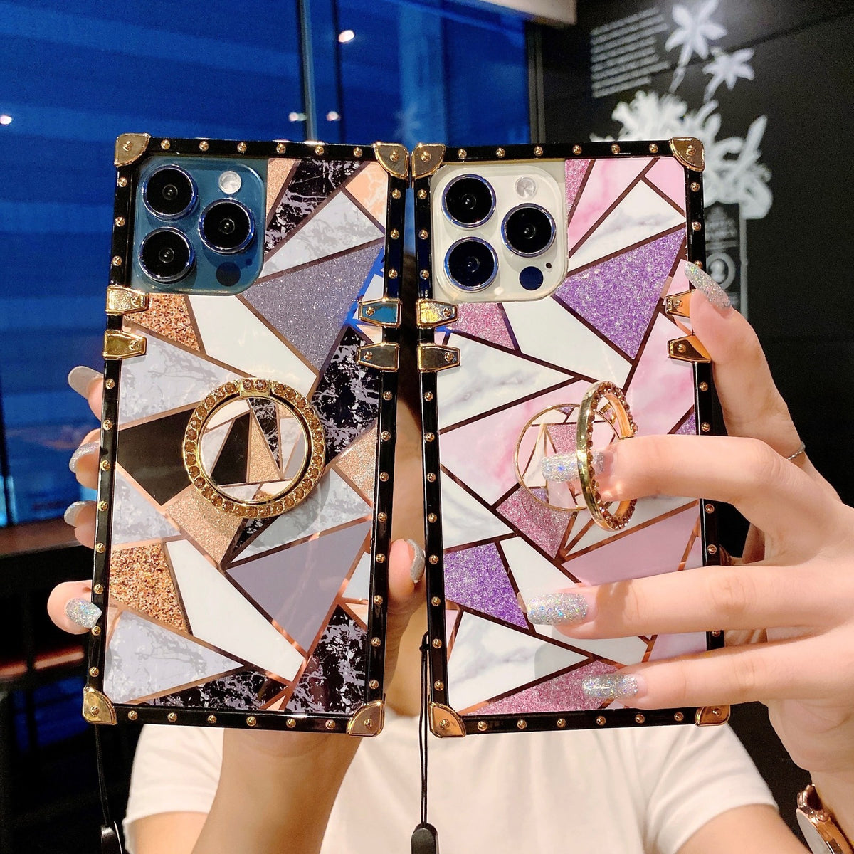 Electroplated spliced glitter soft case with crossbody strap for iPhone 17Pro/16