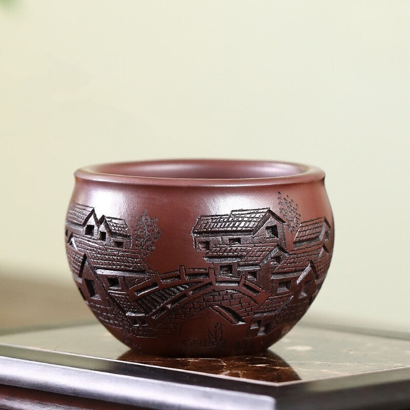 Full Handmade Tea Cup House Bridge Carved Real Yixing Zisha Qingshui Clay Cup