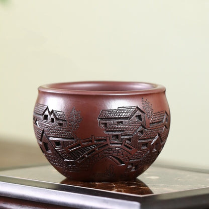 Full Handmade Tea Cup House Bridge Carved Real Yixing Zisha Qingshui Clay Cup