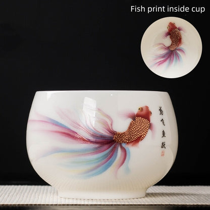 handmade tea cup fat mutton jade porcelain master cup fish print creative teacup