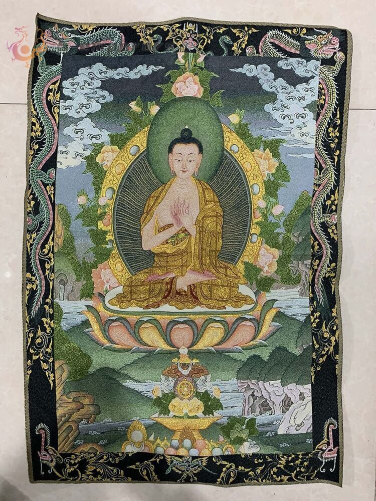 36" Tibet Tibetan Cloth Silk Dragon Sakyamuni Buddha Tangka Thangka Mural