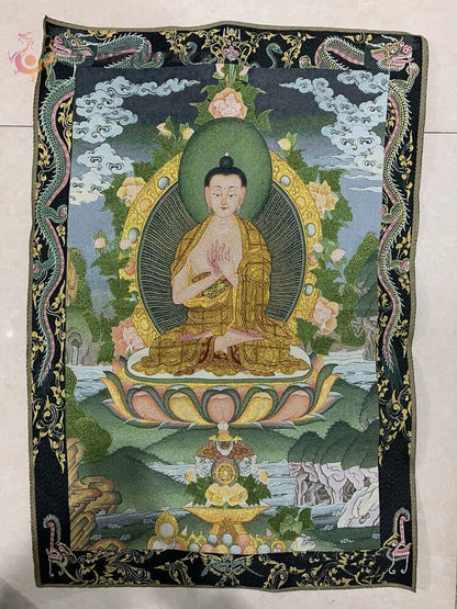 36" Tibet Tibetan Cloth Silk Dragon Sakyamuni Buddha Tangka Thangka Mural