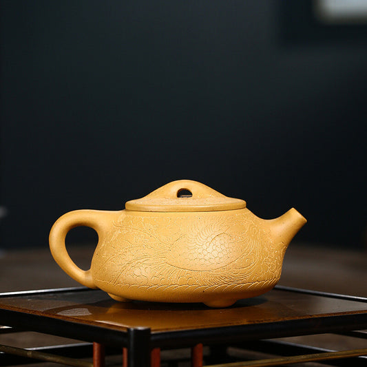 China Yixing Zisha Pottery Gold Section Clay Handmade 250cc Dragon Grain Teapot