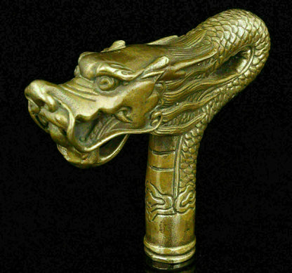 Chinese Brass Copper Hand carved Cane Walking Stick Head Handle Dragon Statue