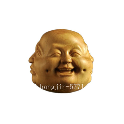 Boxwood Carved 4 Faced Emotions Buddha Head Statue Figurine Collection