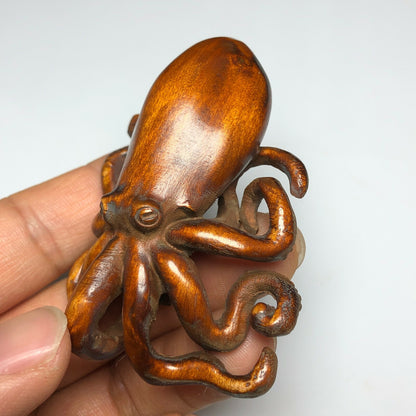 Chinese Boxwood Handwork Octopus Statue Tea Pet Fengshui Art Deco Gift