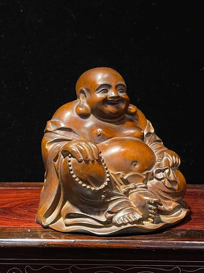 Chinese Boxwood Wood Hand Carved Maitreya Buddha Statue