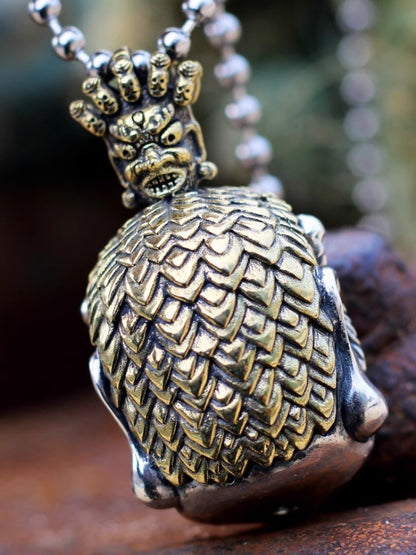 S925 Mahakala Avalokiteshvara Pendant Buddhist Protector Deity Skull Amulet