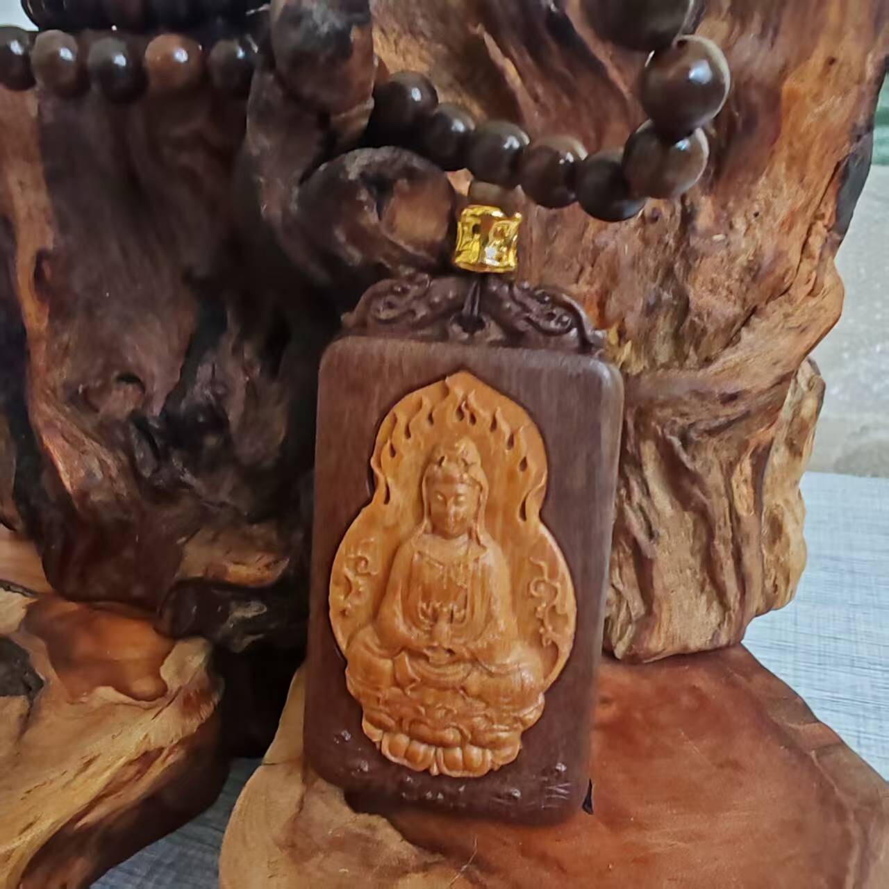 8mm*108 Prayer Beads Natural Wood Guanyin Buddha Lucky Pendant Blessing Necklace