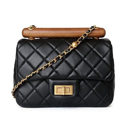Small Mini Quilted Lambskin Leather Wood Handle Bag Flap Shoulder Purse w/ Chain