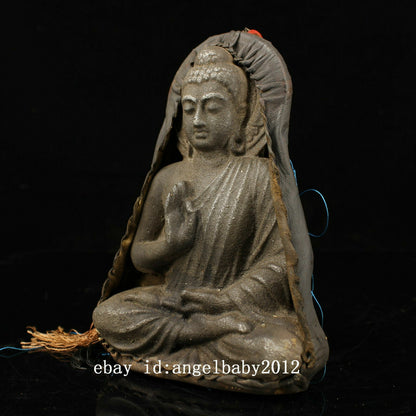 8" Chinese Old Antique Tibet Handmade Meteorite Iron Sakyamuni Buddha Statue