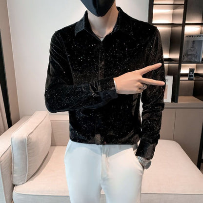 Mens Glitter Velvet Blouse Shirt Top Pleuche Slim Long Sleeve Fashion Costume
