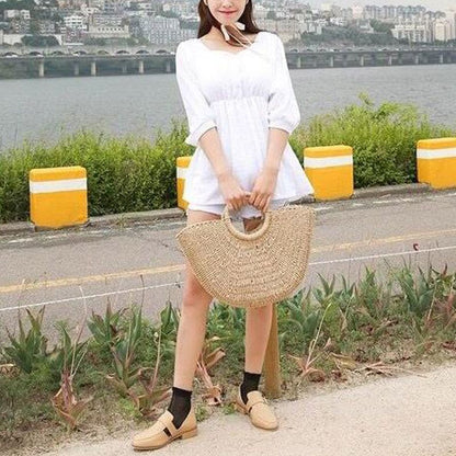 Handmade Bags Pompon Beach Weaving Straw Bag Wrapped Beach Moon Shaped Purses