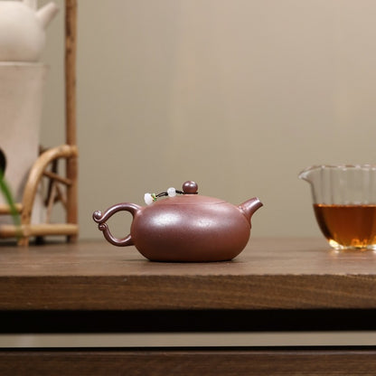 Handpainted Floral Relief Yixing Zisha Tea Pot Ball Shaped Infuser Holes Marked