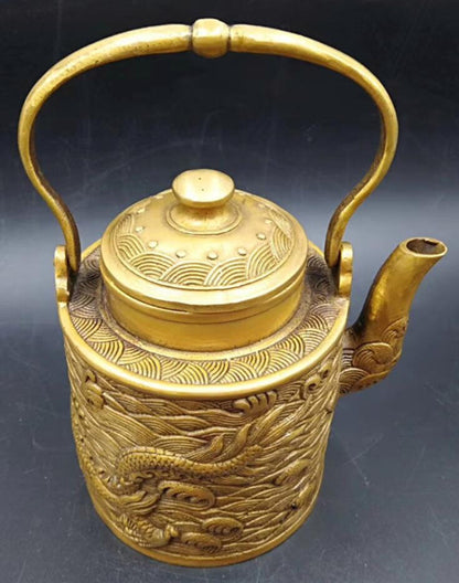 Chinese Antique Brass Carved Dragon Teapot Furnishing Articles