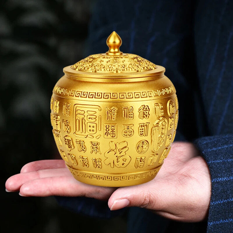 Large-capacity Tea Storage Box Brass Baifu Tea Can with Lid Ornaments Crafts