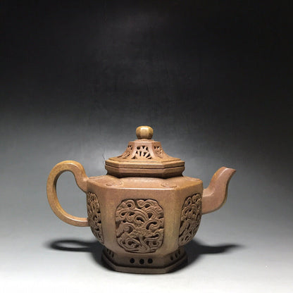 Chinese Yixing Zisha Clay Handmade Exquisite Teapot （六方镂空 底款：金鼎商标）