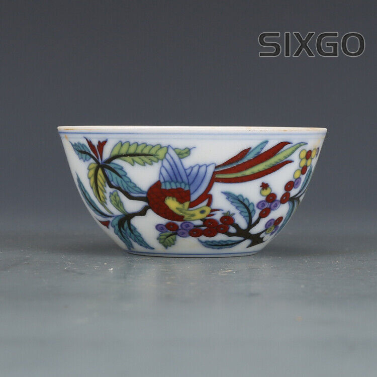 3.1" Chinese Doucai Contrasting Colors Porcelain Twisting Flower Bird Grain Cups