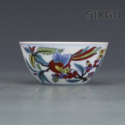 3.1" Chinese Doucai Contrasting Colors Porcelain Twisting Flower Bird Grain Cups