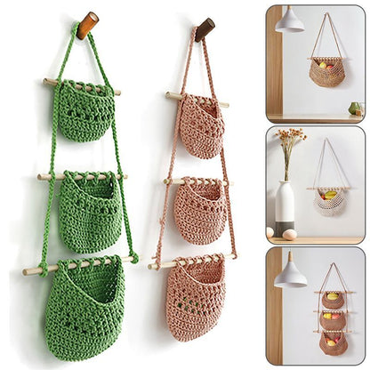Hanging Fruit Basket Handmade Woven Jute Vegetable Storage Bag Kitchen Organizer