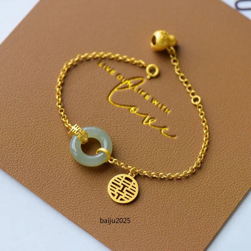 Natural Hetian Jade Gray Jade Fu Lu Shuangxi Safeness Ring Bracelet