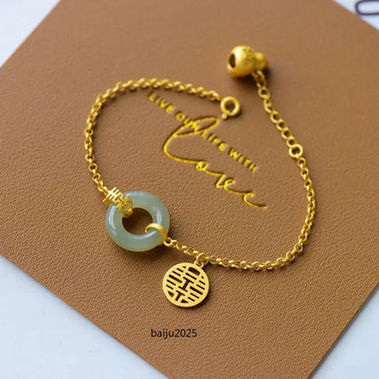 Natural Hetian Jade Gray Jade Fu Lu Shuangxi Safeness Ring Bracelet