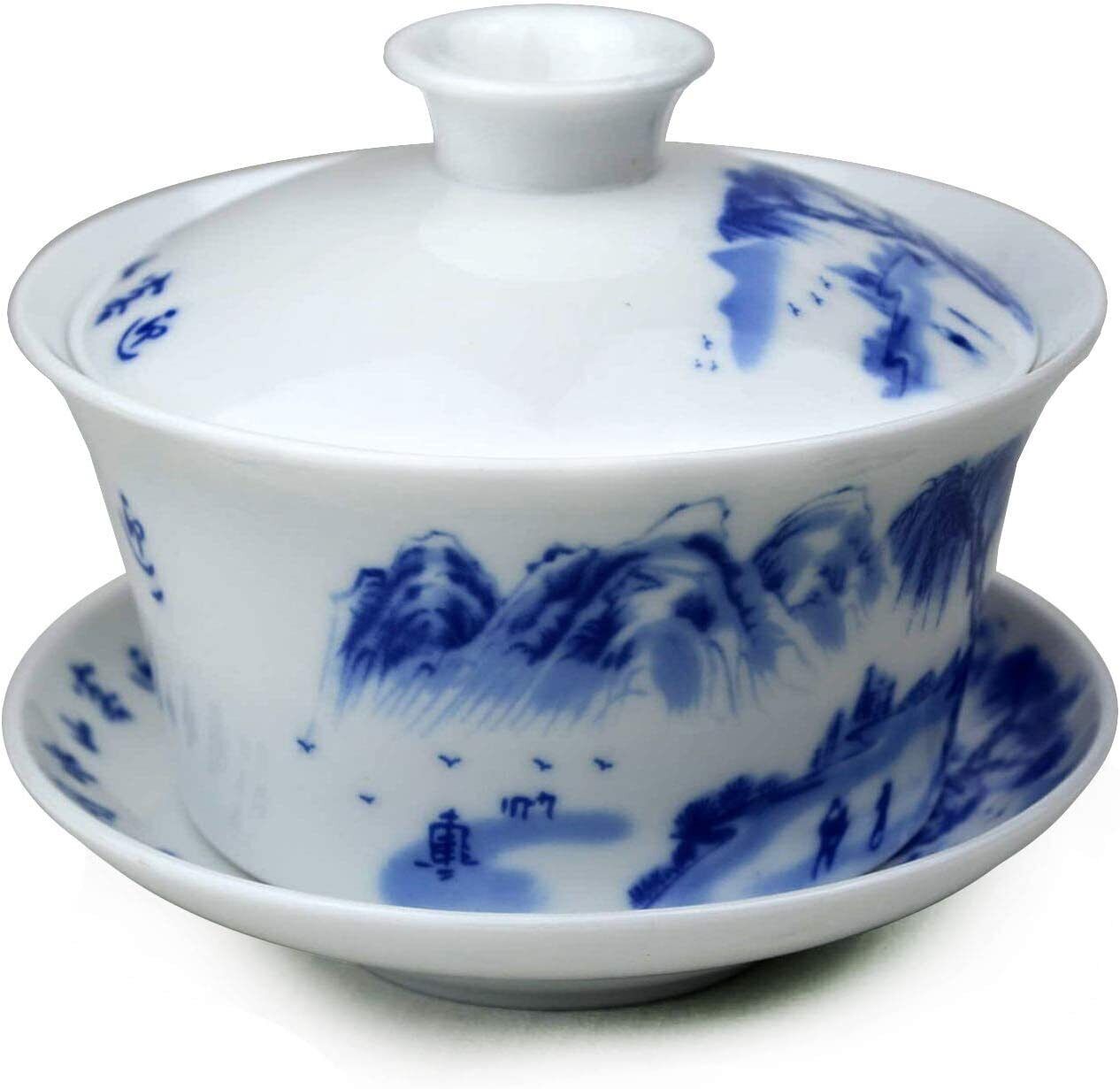 Porcelain Gaiwan 9oz Teacup Blue White Chinese Gongfu Tea Set Lip Cup Saucer