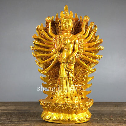 11.8cm Retro Copper Gilded Thousand-hand Guan Yin Buddha Statue Home Ornament