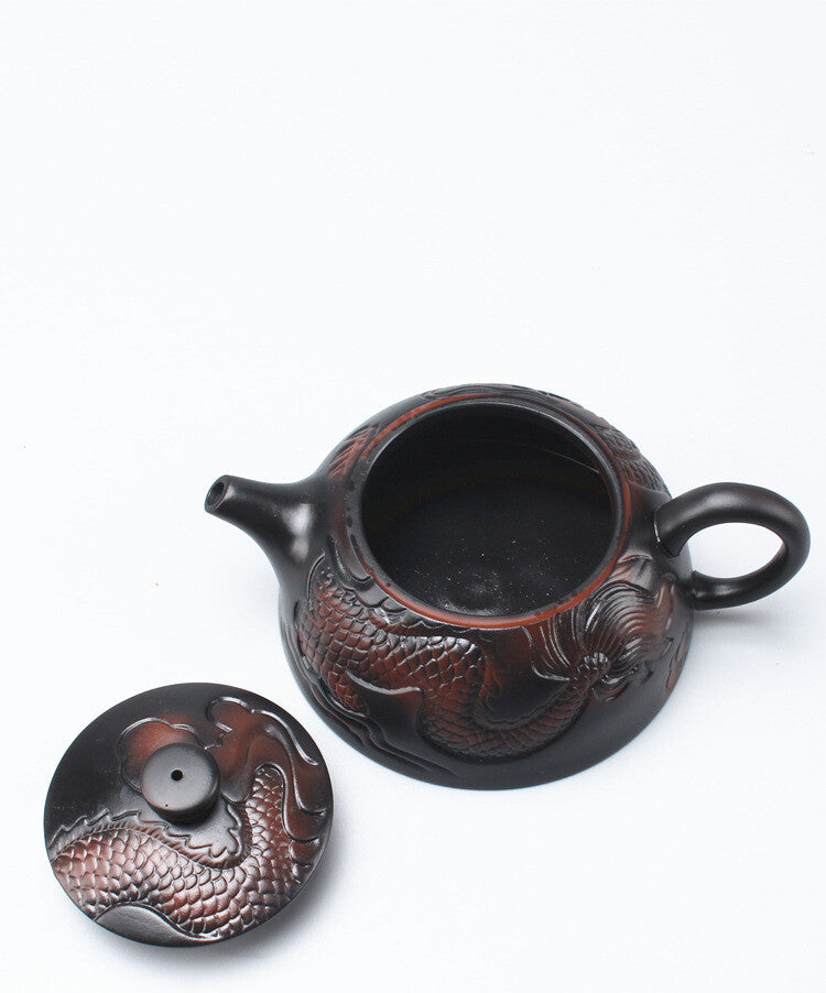 6.8oz Purple Pottery Tea Pot Dragon Carved Chinese Kungfu Tea Pot Marked 200ml