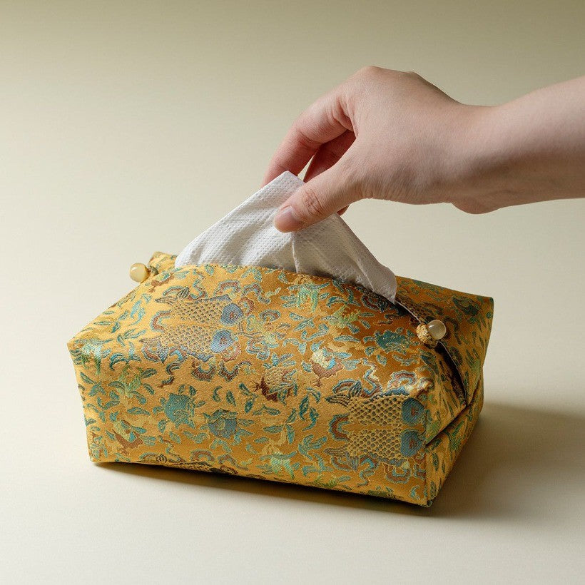 Golden Bamboo Brocade Tissue Box Cover Fish Pattern Tea Room Decor
