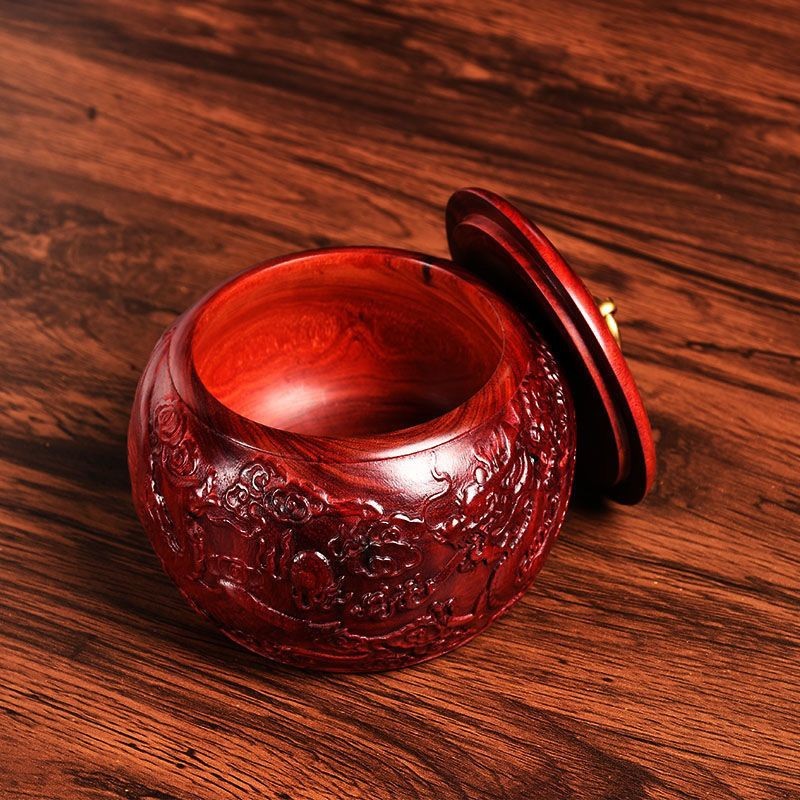 Red Sandalwood Tea Caddy Dragon Phoenix Carved Solid Wood Moistureproof Jar