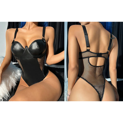 Leather Bodysuit for Women One Piece Thong Swimwear High-Cut Bathing Suits Tank