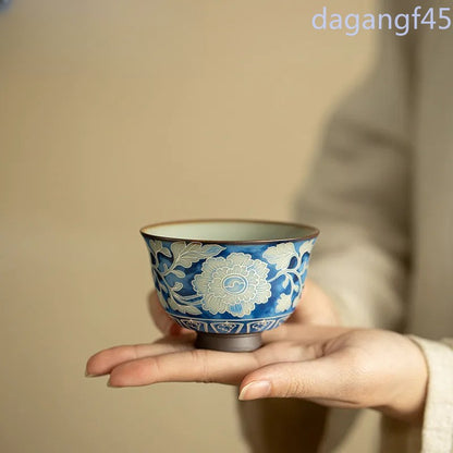 120ml Ceramic Ru Kiln Peony Teacup Tea Bowl Tea-tasting Fragrance Cup Master Cup