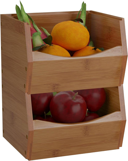 Open Front Stackable Storage Bins Bamboo Kitchen Counter Organizer 2 Pack
